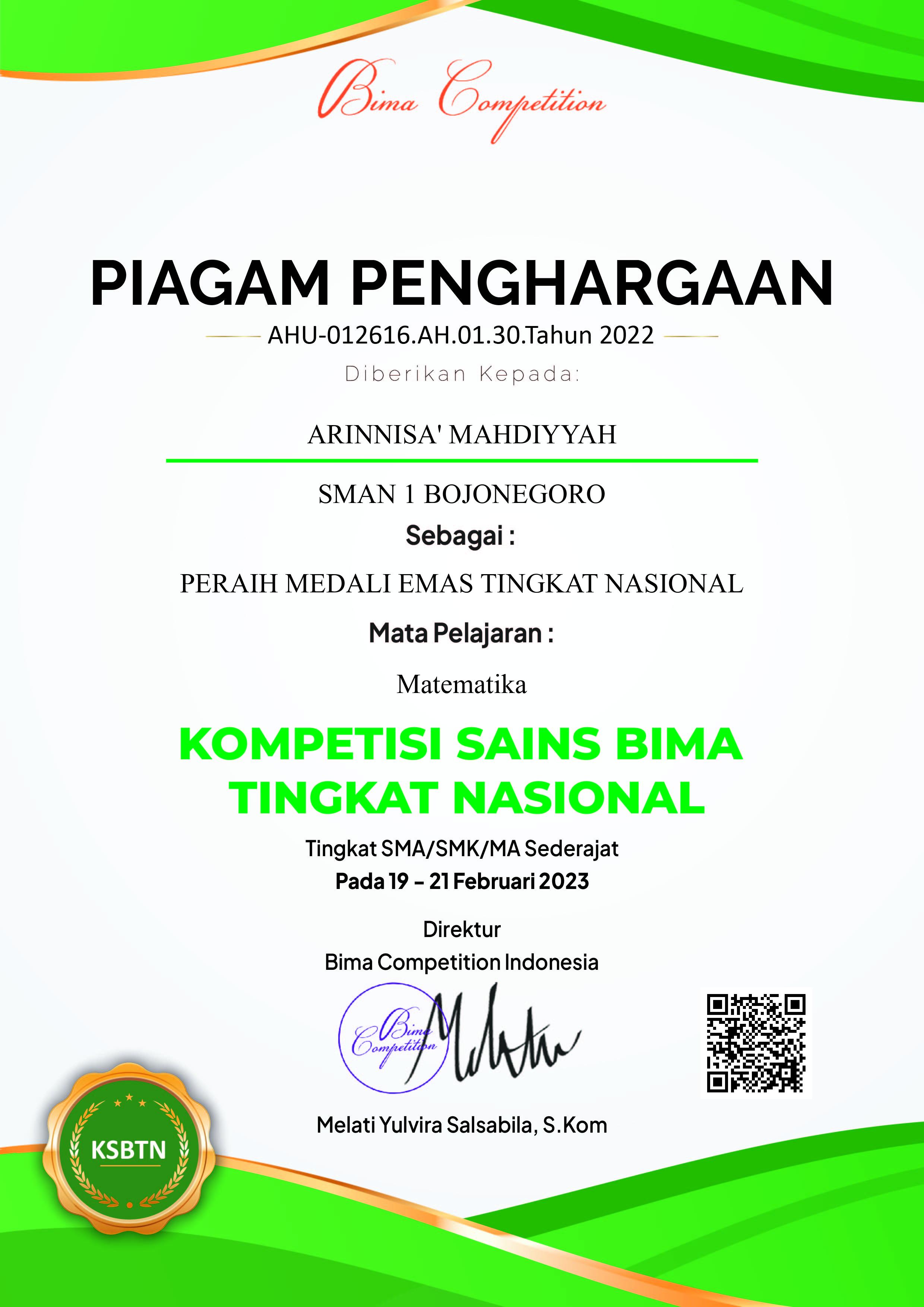 Arinnisa\' Mahdiyyah - Kompetisi Sains Nasional 2023 Bidang Matematika