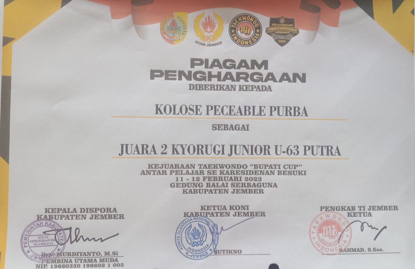 KEJUARAAN TAEKWONDO BUPATI CUP ANTAR PELAJAR SE KARESIDENAN BESUKI UNTUK KYORUGI JUNIOR U-63 PUTRA