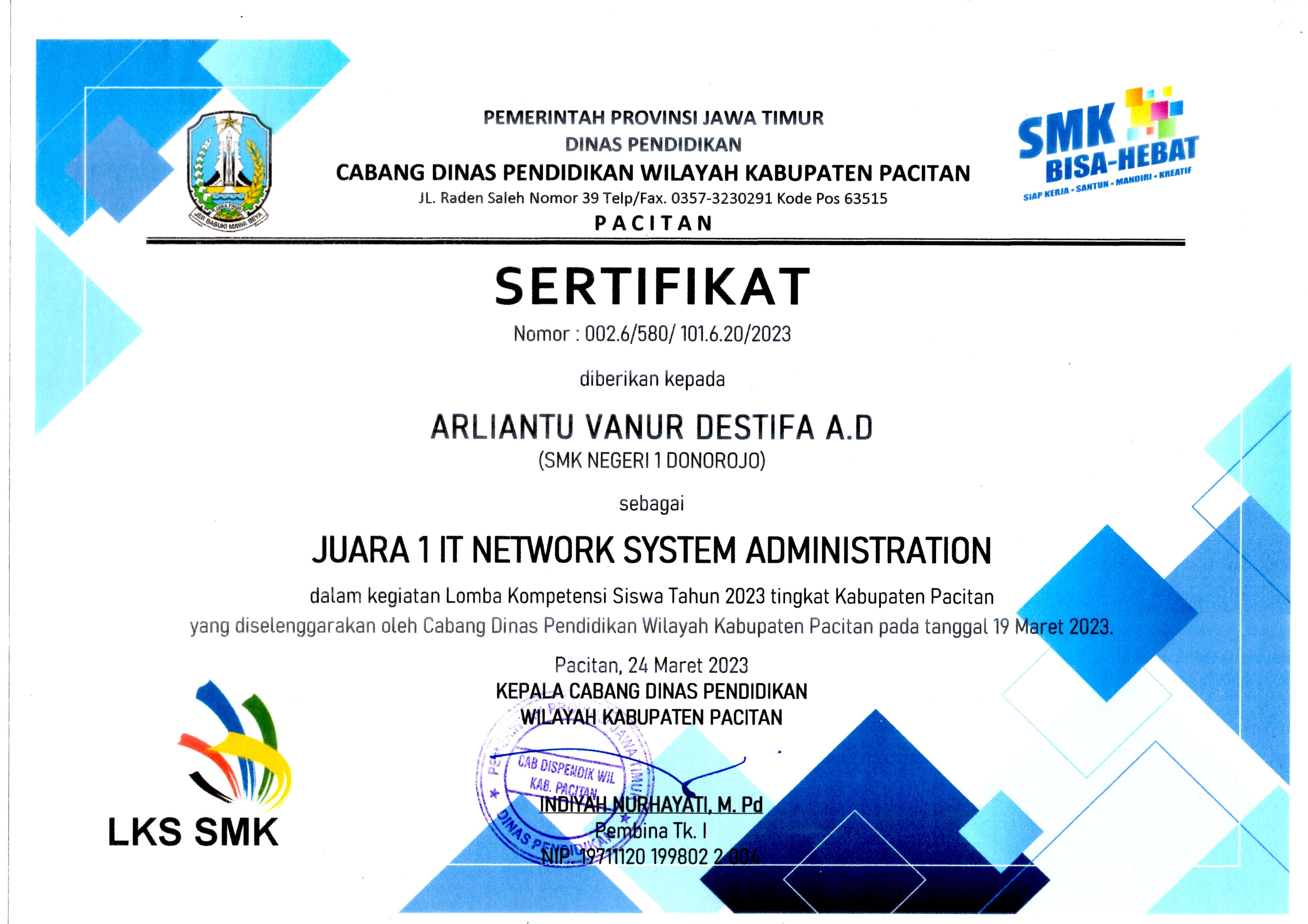 Lomba Kompetensi Siswa Tahun 2023 Tingkat Kabupaten Pacitan  Bidang (IT Network System Administration))