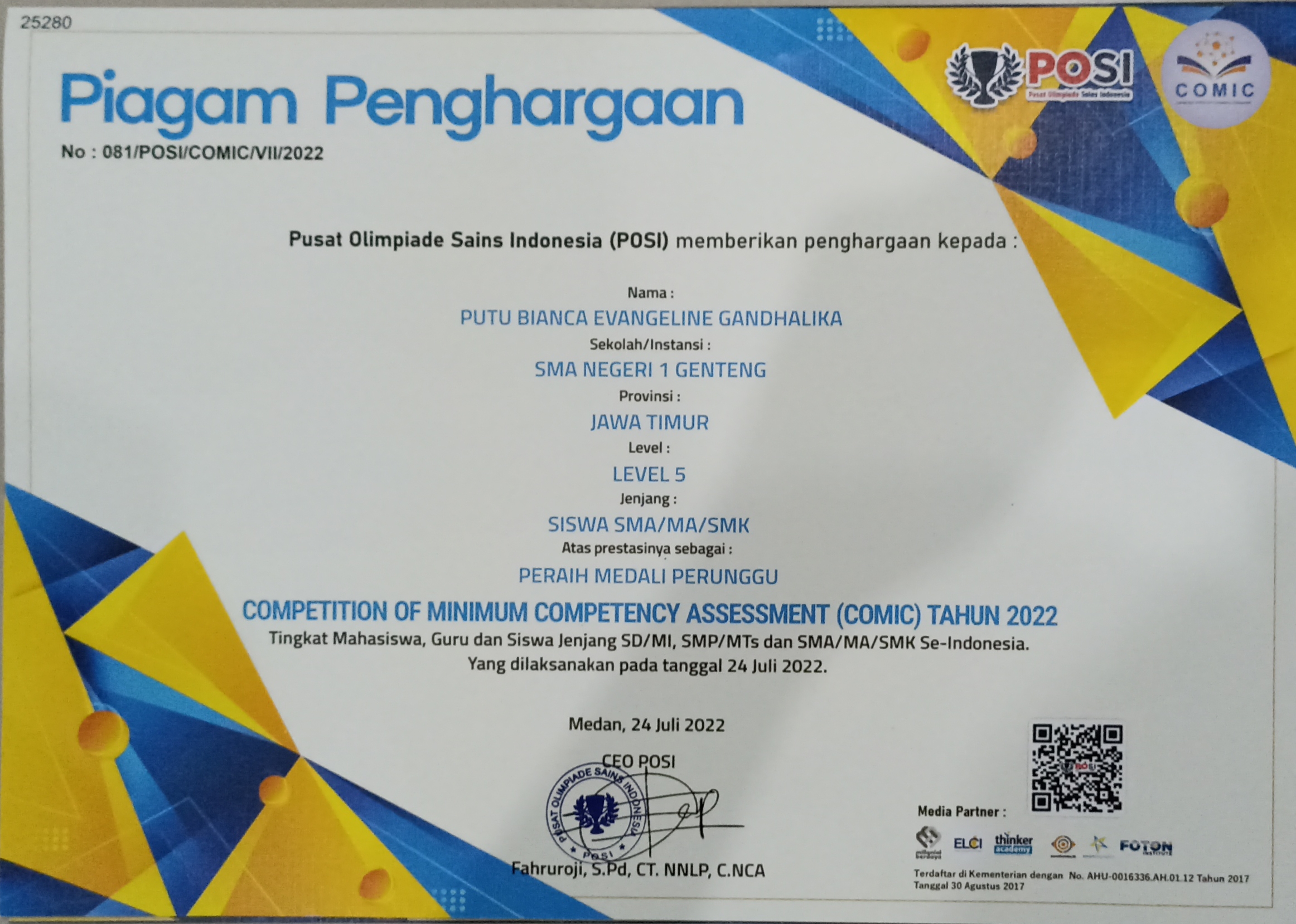 MEDALI PERUNGGU OLIMPIADE COMPETITION OF MINIMUM COMPETENCY ASSESMENT (COMIC)