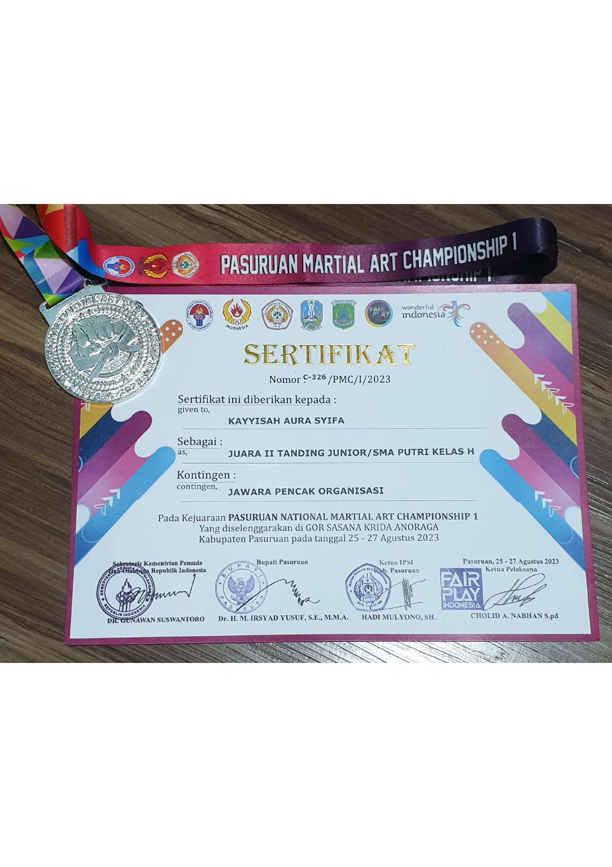 Pasuruan National Martial Art Championship 1Fair Play Juara 2 Tanding Junior/SMA Putri Kelas H