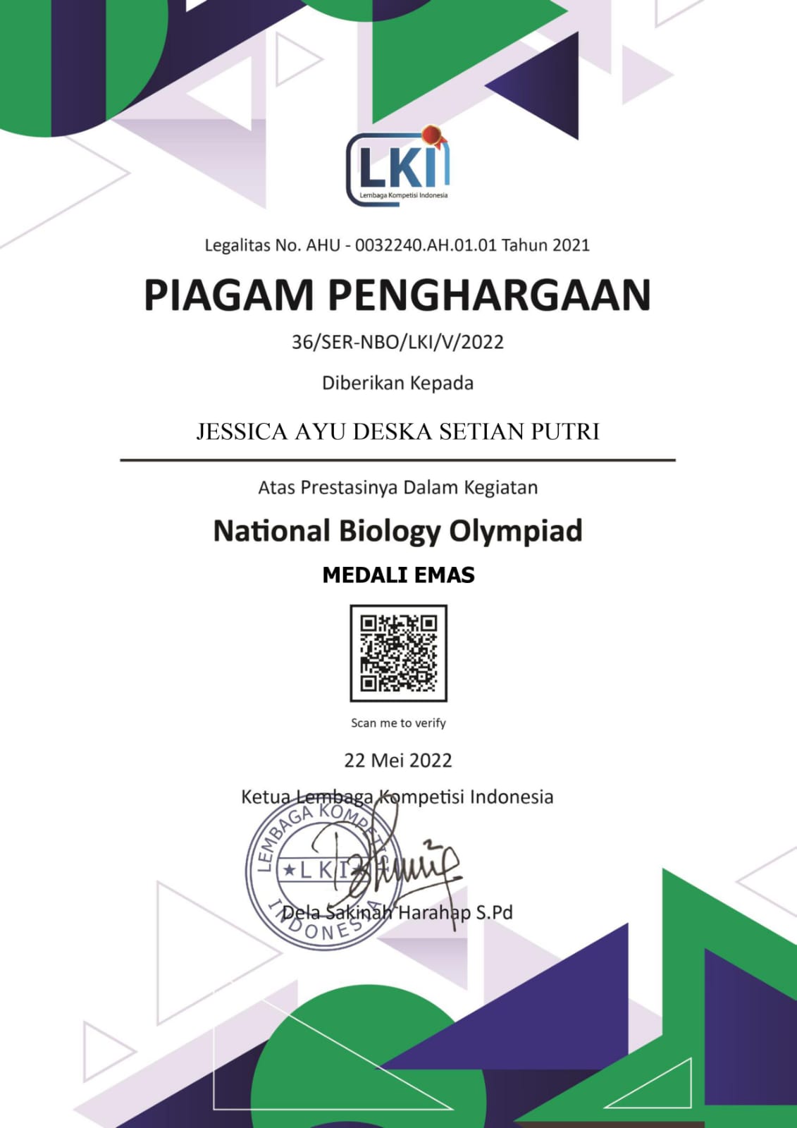 MEDALI EMAS NATIONAL BIOLOGY OLYMPIAD