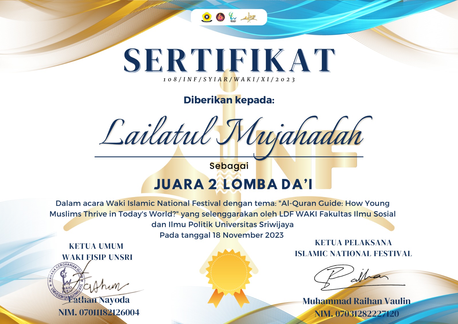 Juara 2 Lomba Da\'i Acara Waki Islamic National Festival 