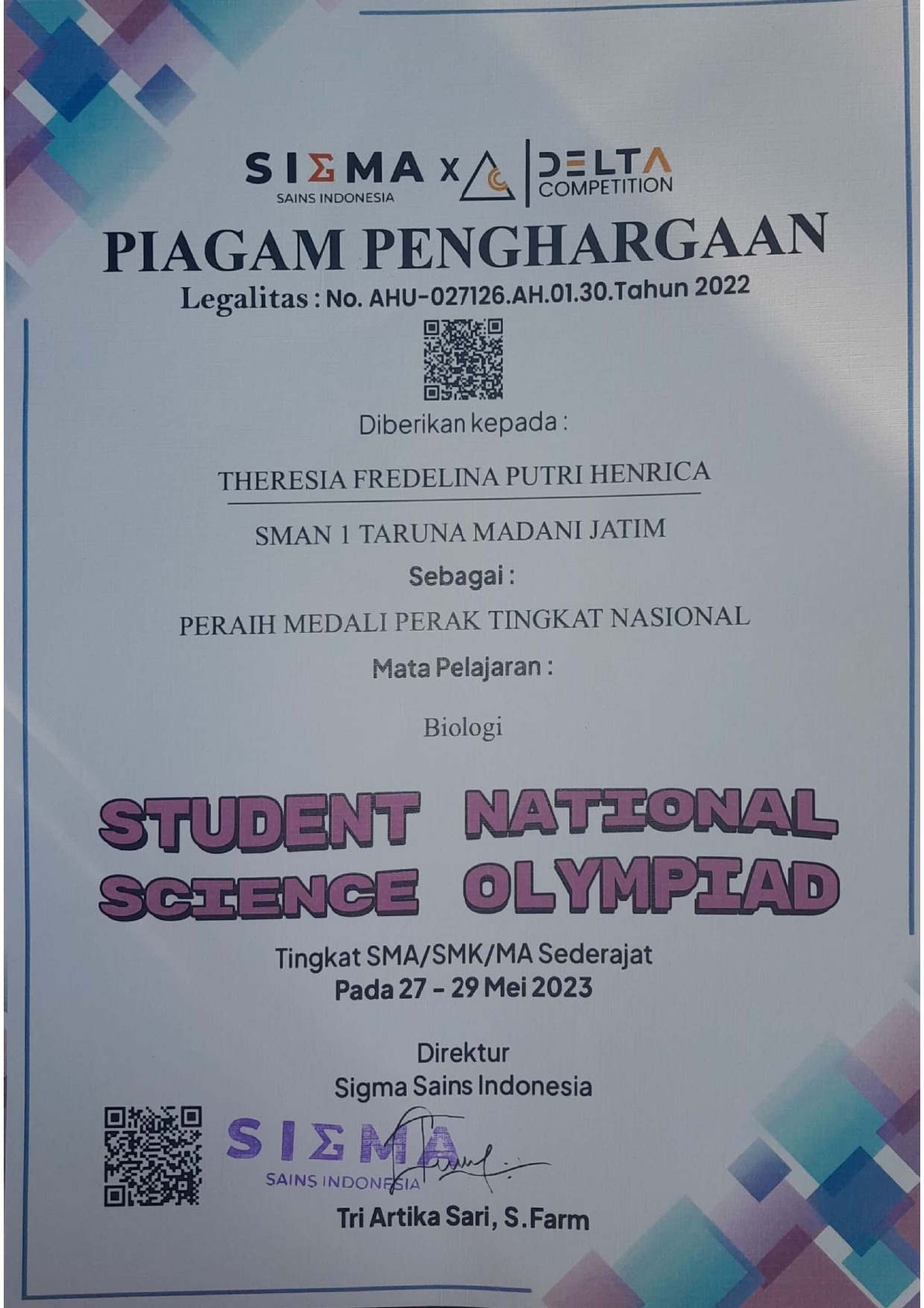 Peraih Medali Perak Tingkat Nasional Mapel Biologi dalam Student National Science Olympiad