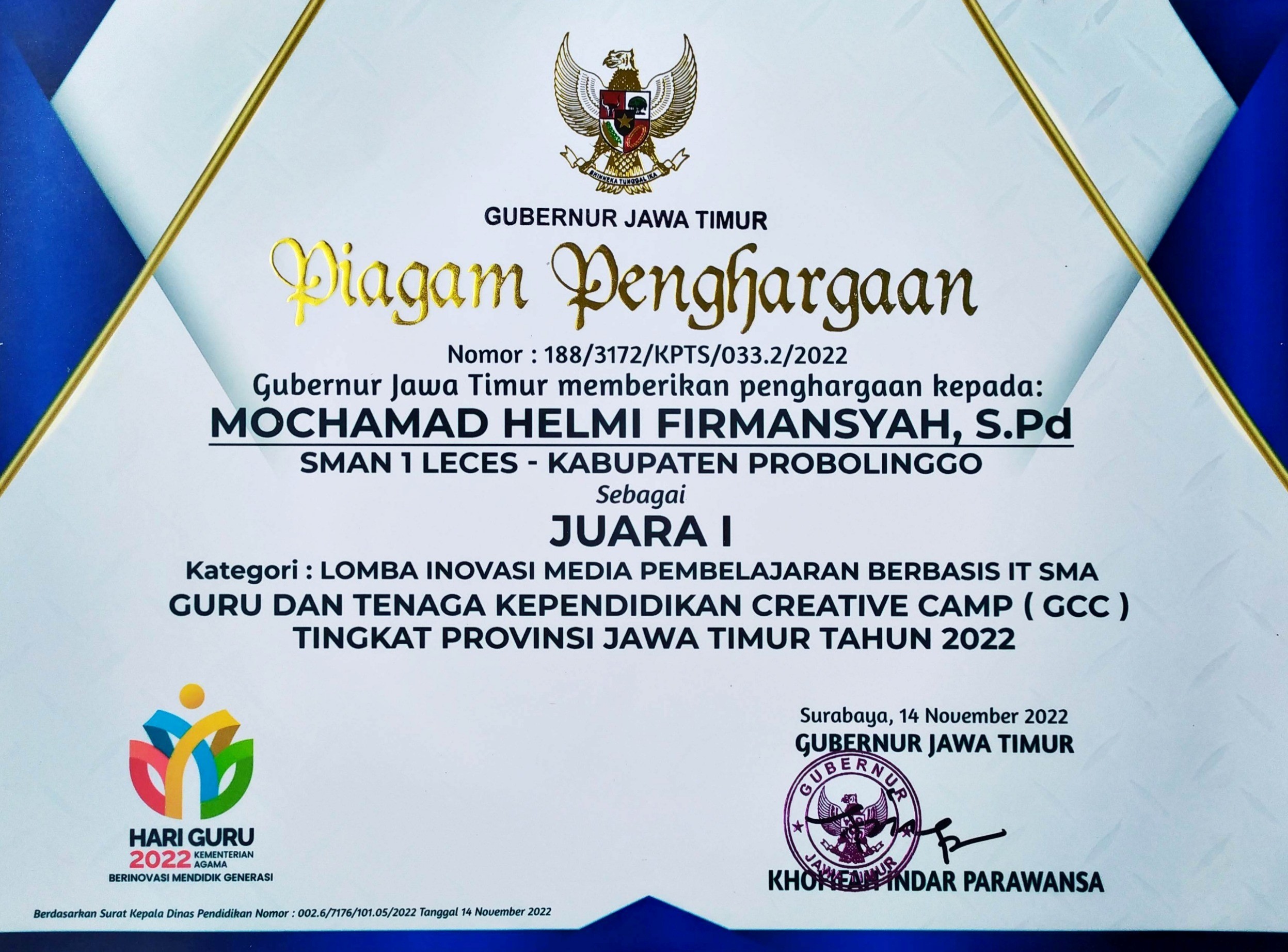 Lomba Inovasi Media Pembelajaran Berbasis IT SMA Guru dan Tenaga Kependidikan Creative Camp (GCC) Tingkat Provingsi Jawa Timur Tahun 2022