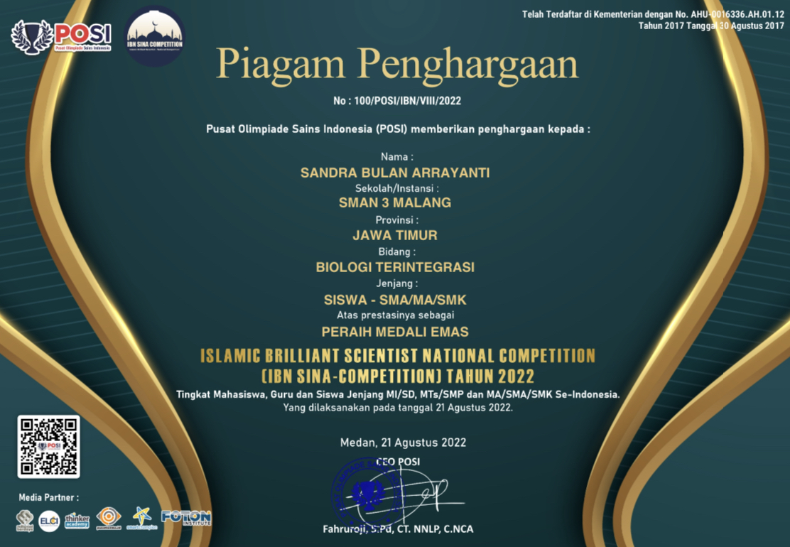 MEDALI EMAS BIOLOGI ISLAMIC BRILLIANT SCIENTIST NATIONAL COMPETITION