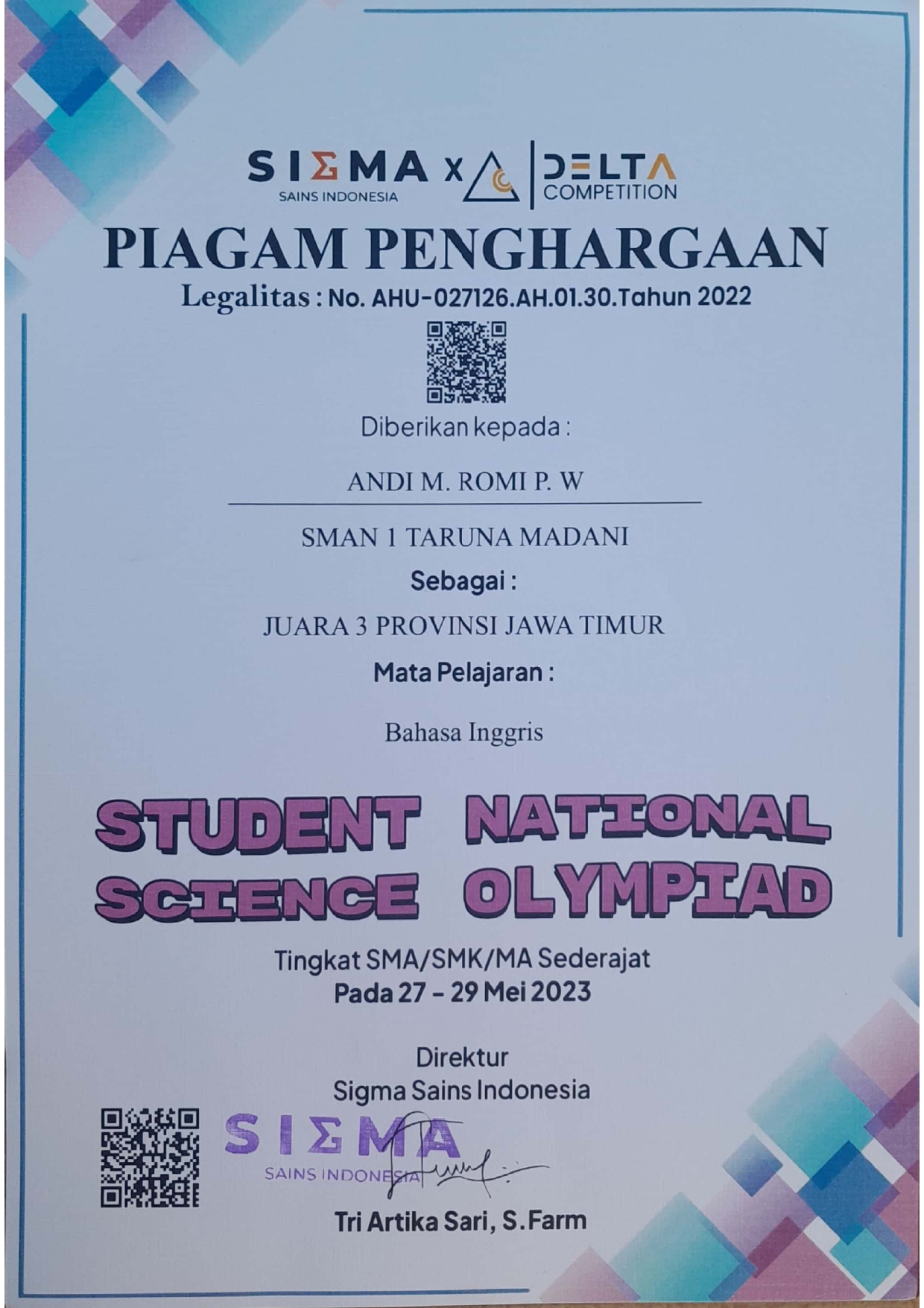 ara 3 Provinsi jawa Timur Student National Science Olympiad Mapel Bahasa Inggris Tingkat SMA/SMK/MA Sederajat