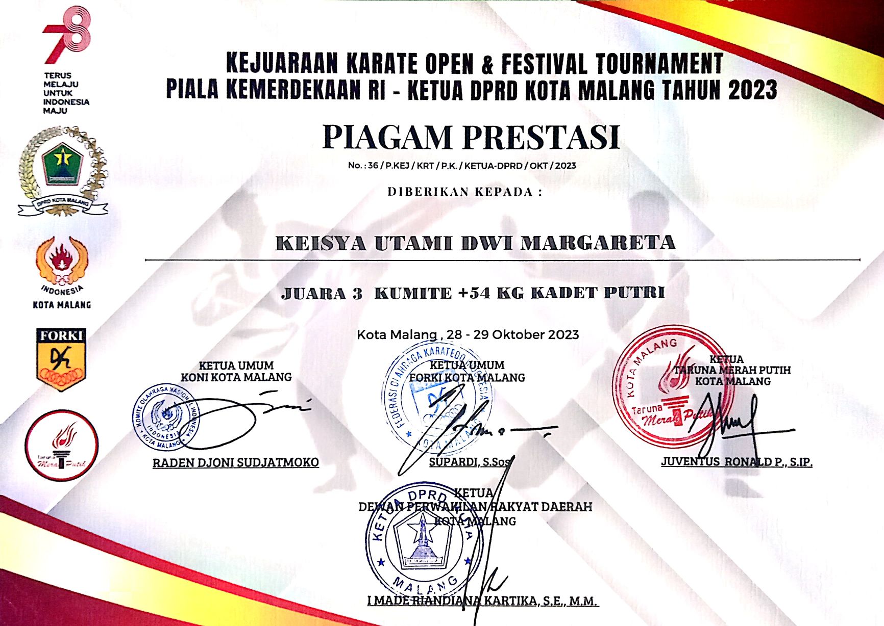 Piala Kemerdekaan RI, KUMITE -54 Kg Junior Putri