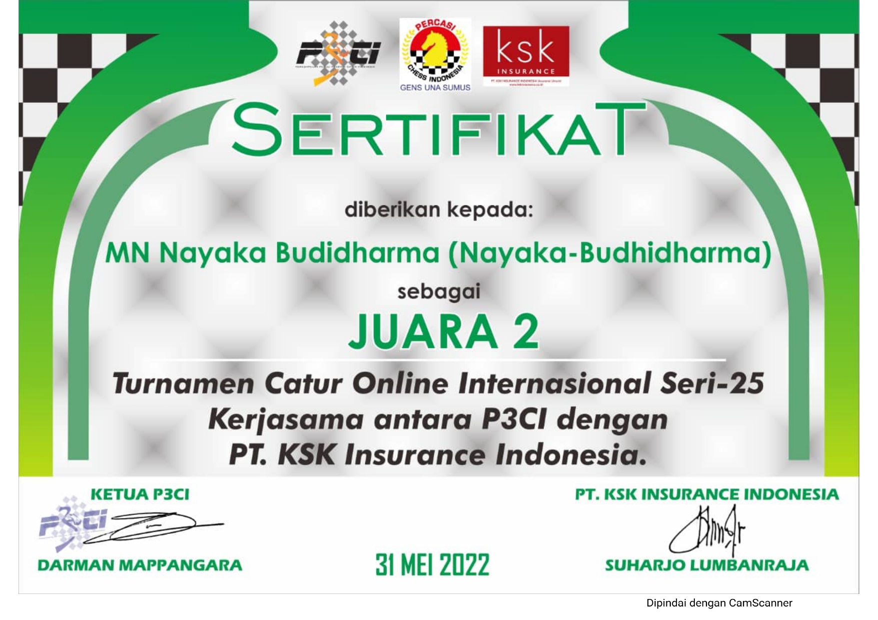 TURNAMEN CATUR ONLINE INTERNASIONAL Seri 25 Kerjasama P3CI dengan PT KSK Insurance Indonesia