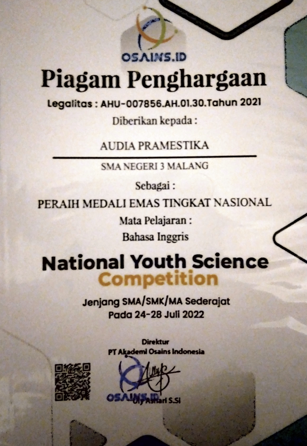 Medali Emas National Youth Science Competition