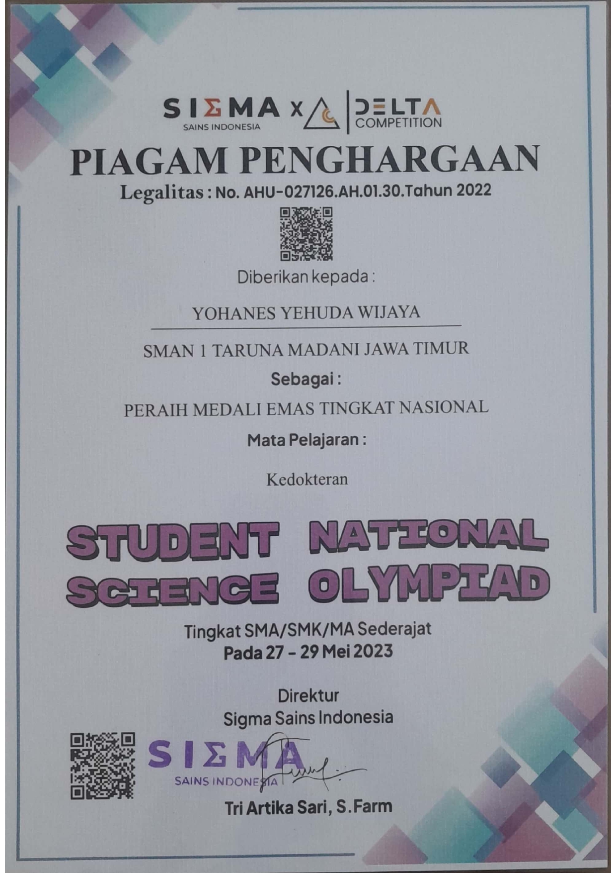 Juara 2 Tingkat Nasional Student NatioPeraih Medali Emas Tingkat Nasional Student National Science Olympiad Mapel Kedokteran Tingkat SMA/SMK/MA Sederajatnal Science Olympiad Mapel Biologi Tingkat SMA/SMK/MA Sederajat