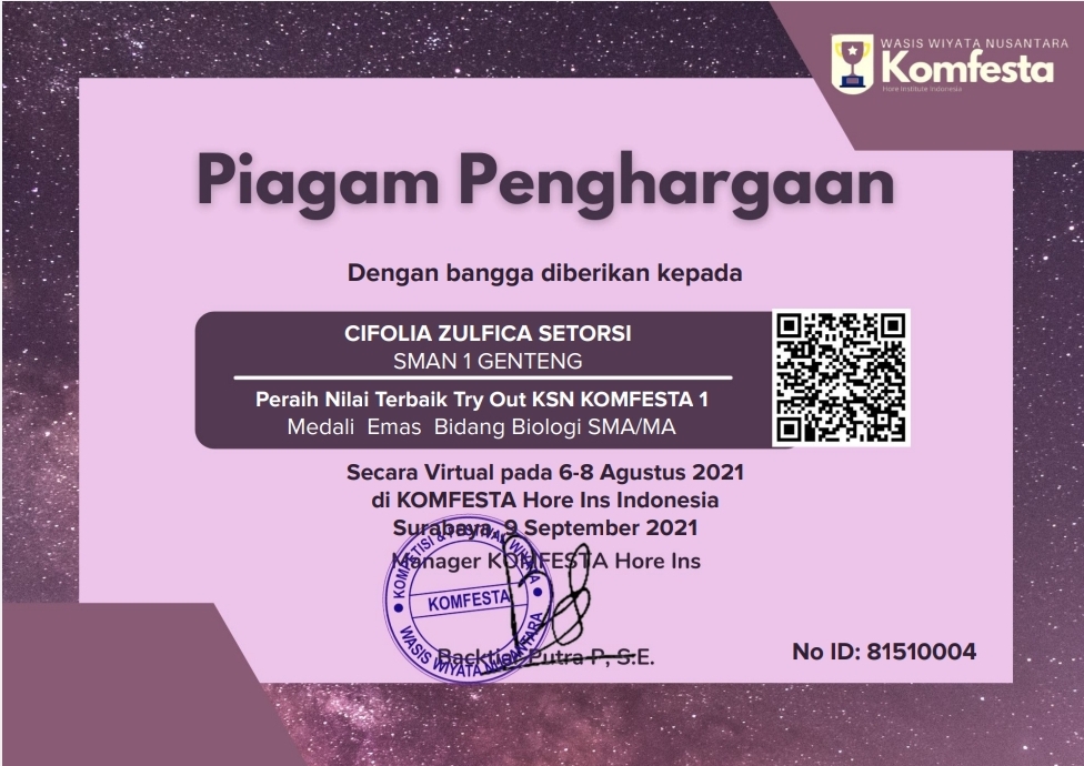 PERAIH MEDALI EMAS KSN BIOLOGI KOMFESTA