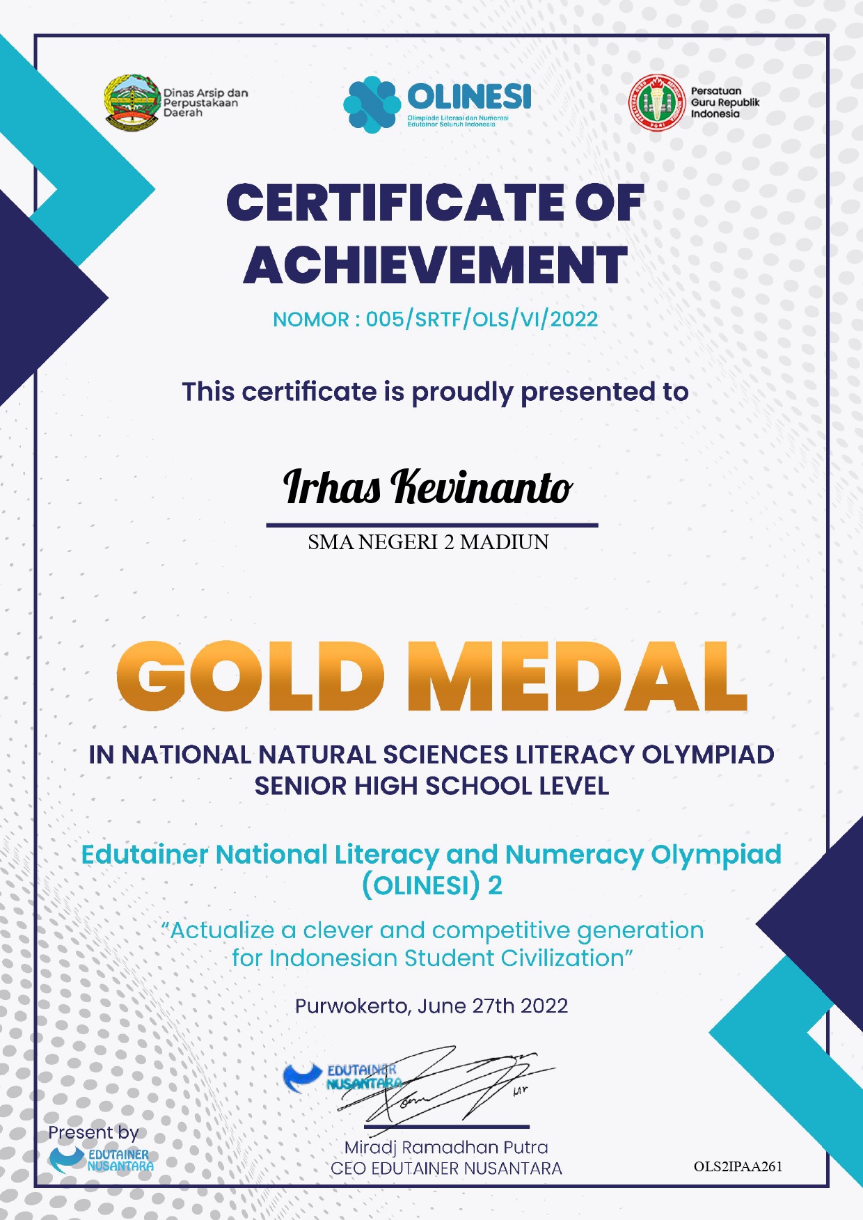 NATIONAL NATURAL SCIENCES LITERACY OLYMPIAD SENIOR HIGH SCHOOL LEVEL