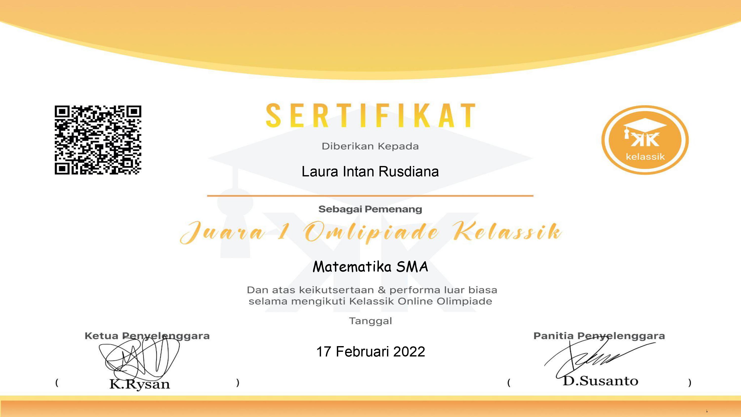 Juara 1 Olimpiade Matematika Online Kelassik tahun 2022