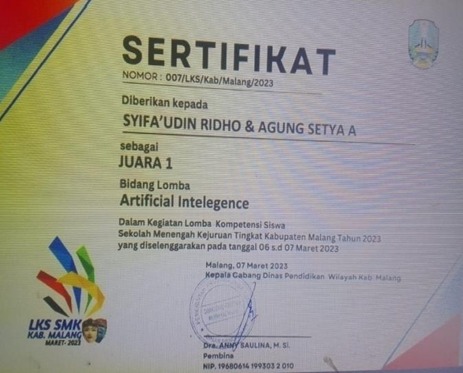 Juara 1 LKS Tingkat Kab. Malang, Kategori Artificial Intellegence Tahun 2023