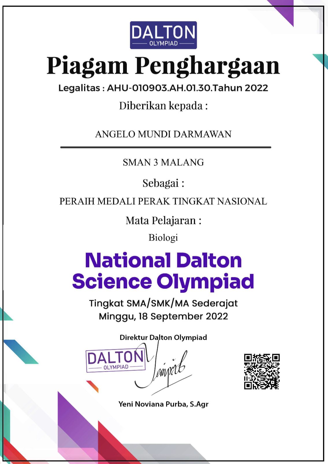 Peraih Medali Perak Bidang Biologi National Dalton Science Olympiad (NDSO)