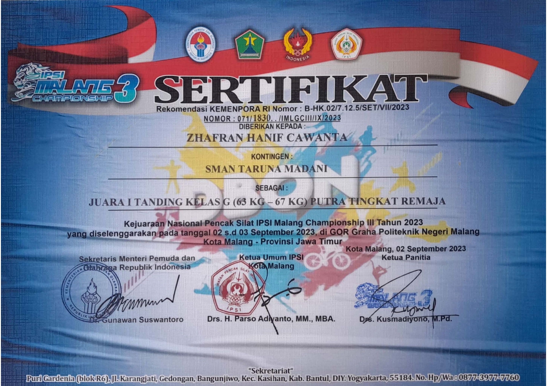 Juara I Tanding Kelas G Putra Tingkat Remaja dalam Kejuaraan Nasional Pencak Silat 