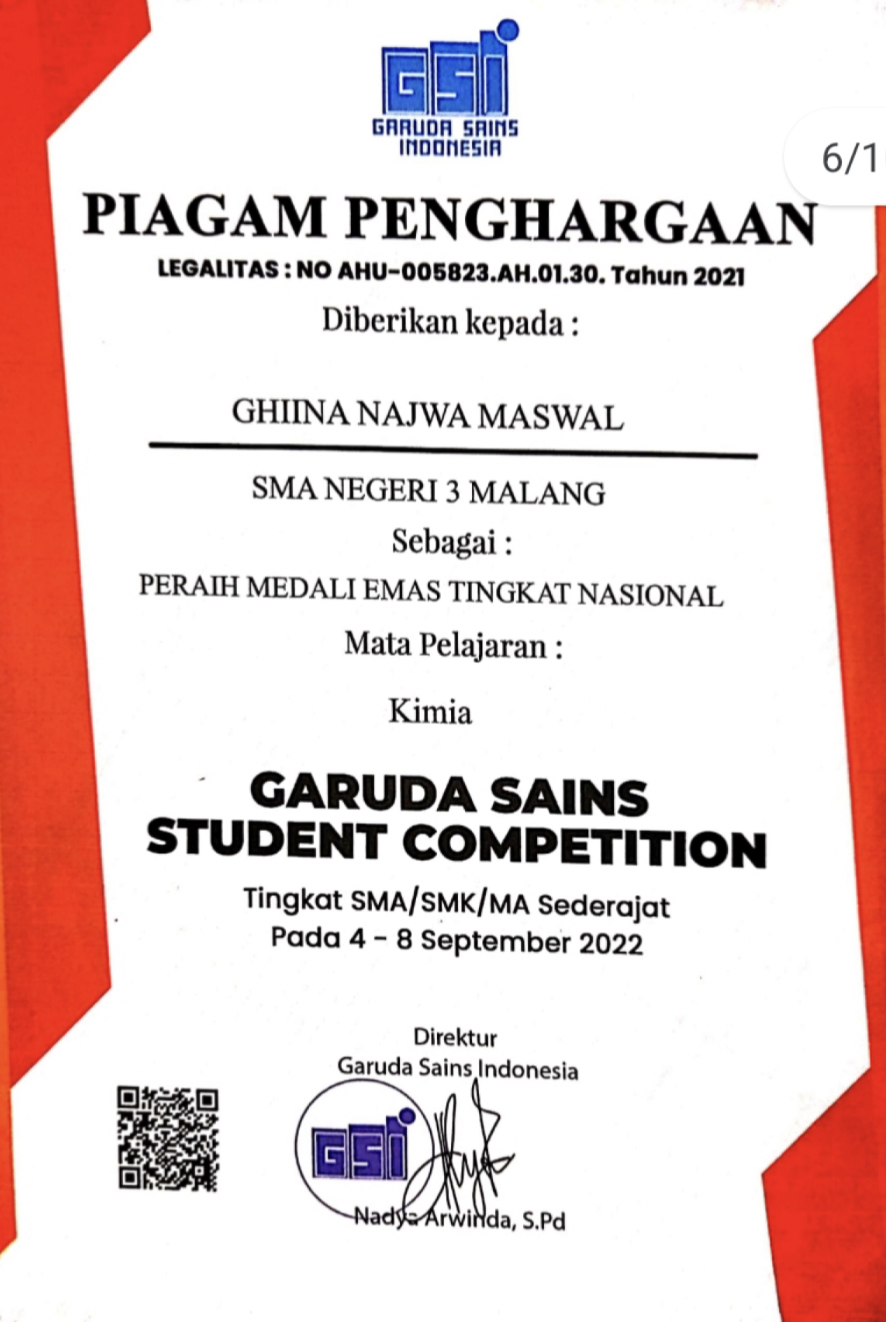 Medali Emas Bidang Kimia Garuda Sains Student Competition (GSSC 2022)