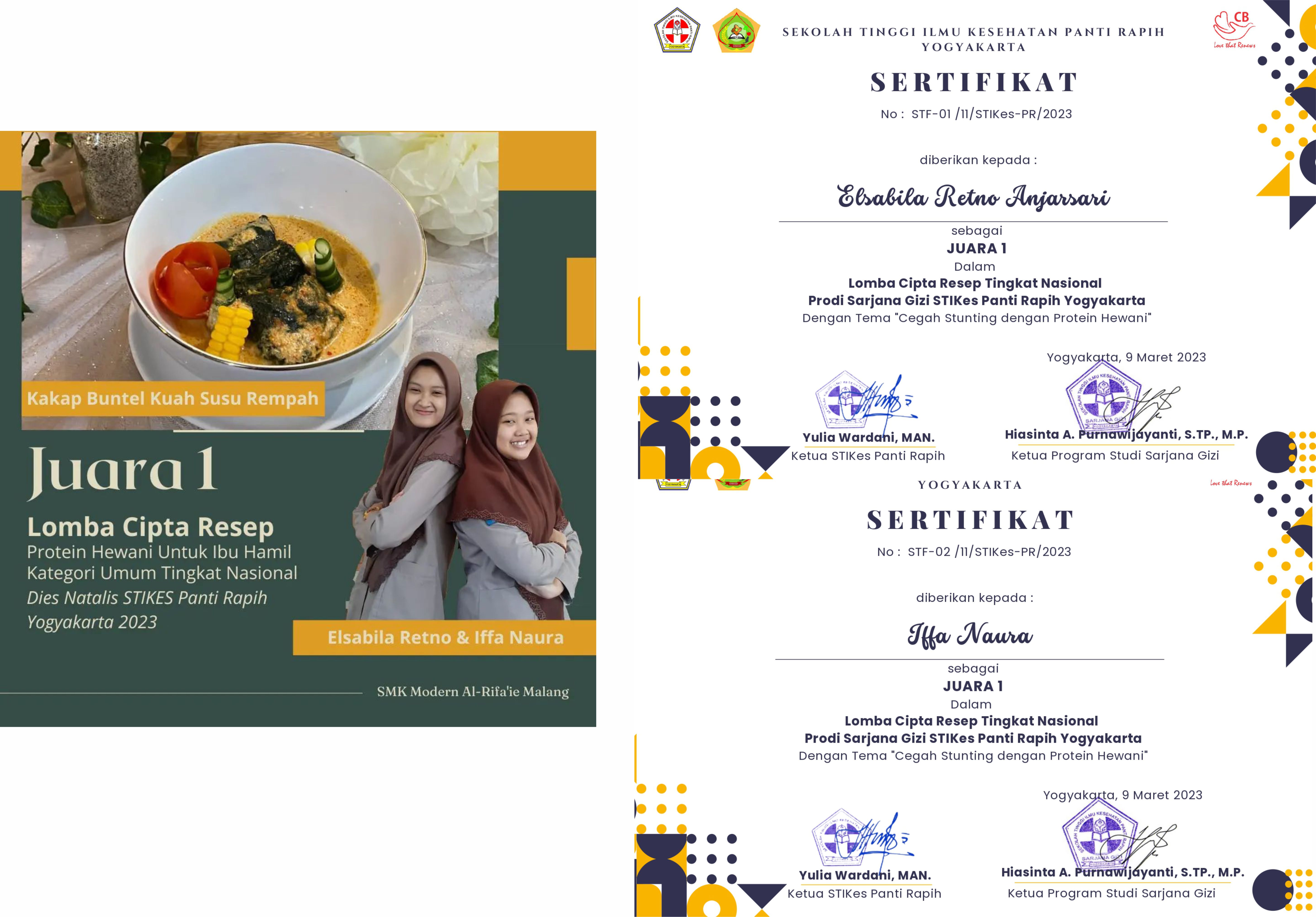 Juara 1 Lomba Cipta Resep Kategori Umum, Tingkat Nasional, STIKES Panti Rapih Yogyakarrta