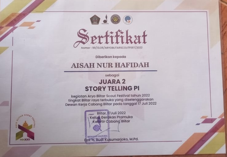 JUARA 2 STORY TELLING PI DALAM RANGKA KEGIATAN ARYO BLITAR SCOUT FESTIVAL TAHUN 2022