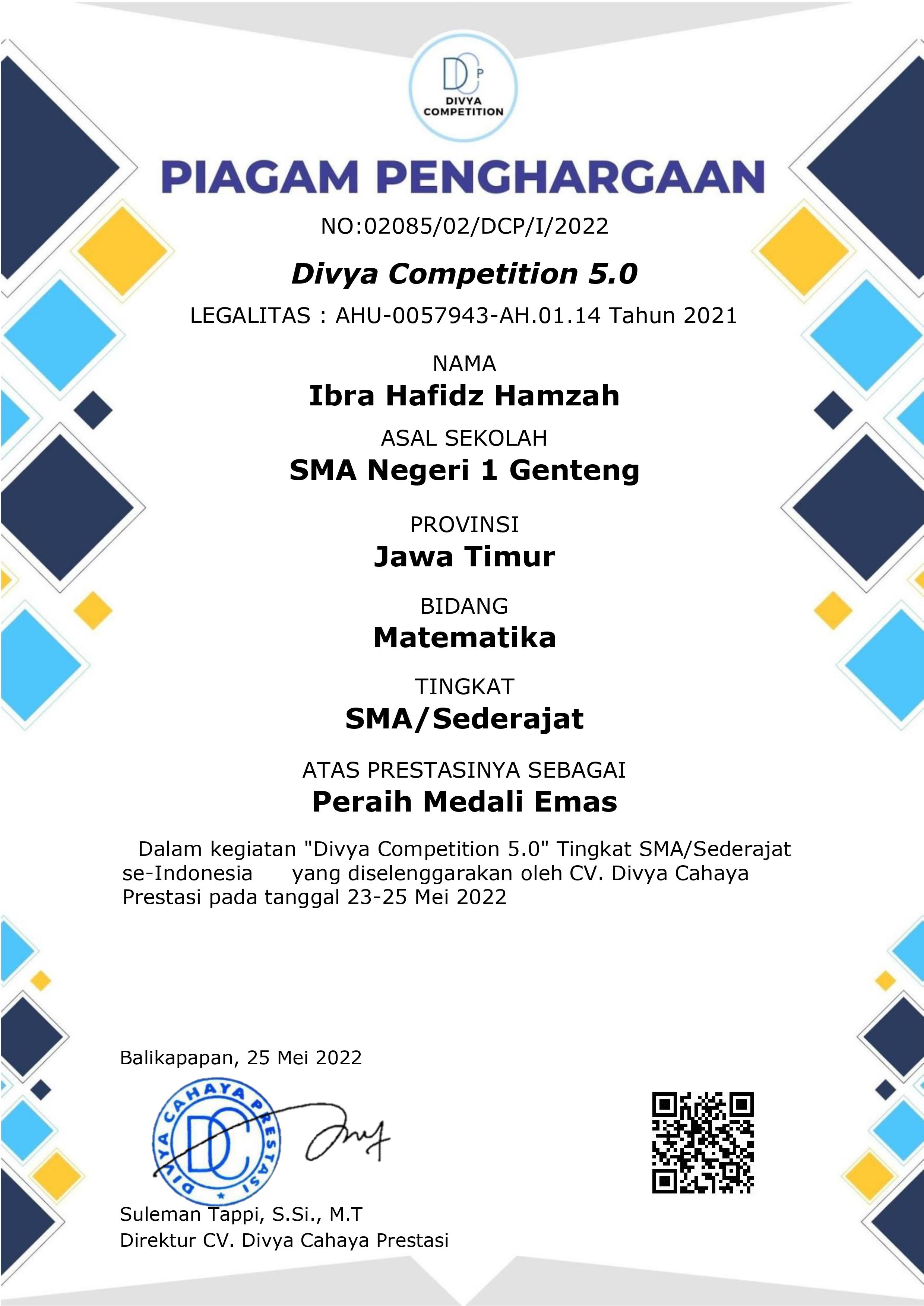 MEDALI EMAS OLIMPIADE MATEMATIKA DIVYA COMPETITION 5