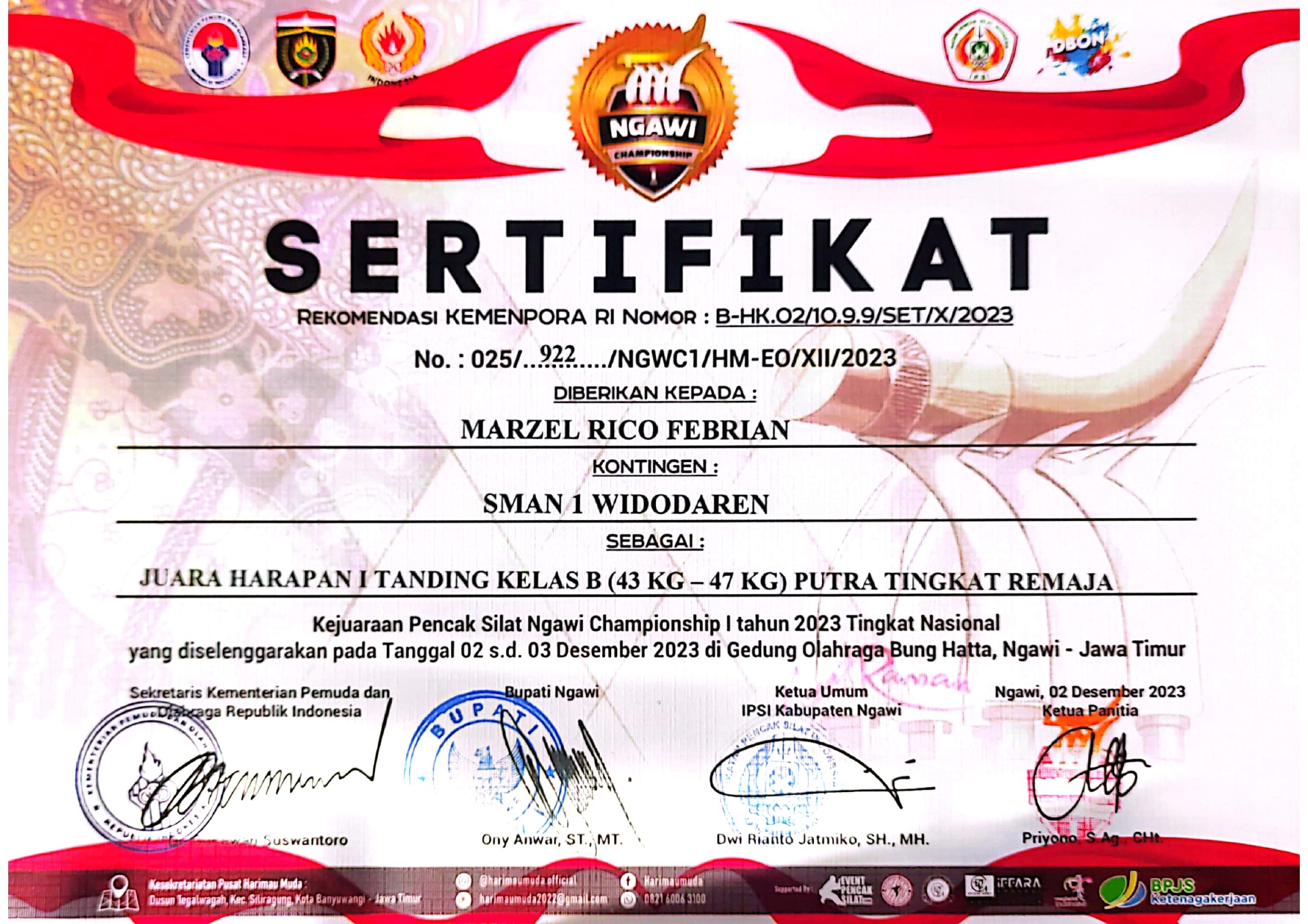 JUARA HARAPAN 1 TANDING KELAS B (43KG-47KG) PUTRA TINGKAT REMAJA KEJUARAAN PENCAK SILAT NGAWI CHAMPIONSHIP I 2023