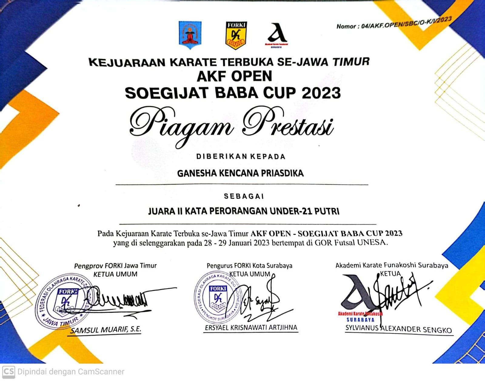 Juara 2 Kata Perorangan Under -21 Putri AKF Open Soegijat Baba Cup 2023