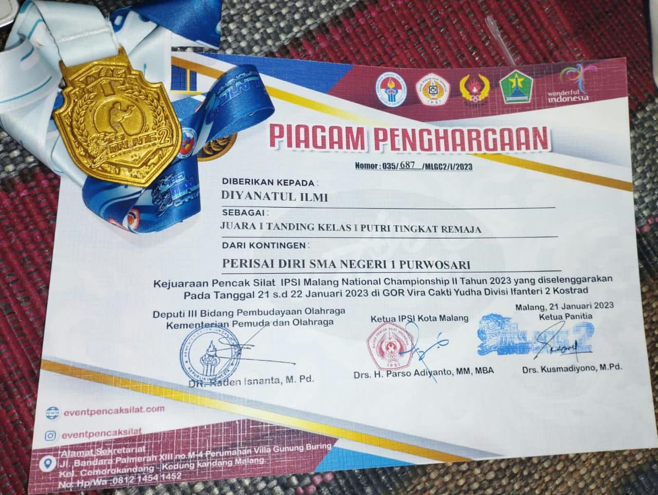 Juara 1 Tanding Kelas 1 Putri Tingkat Remaja Kejuaran Pencak Silat IPSI Malang Championship II Tahun 2023