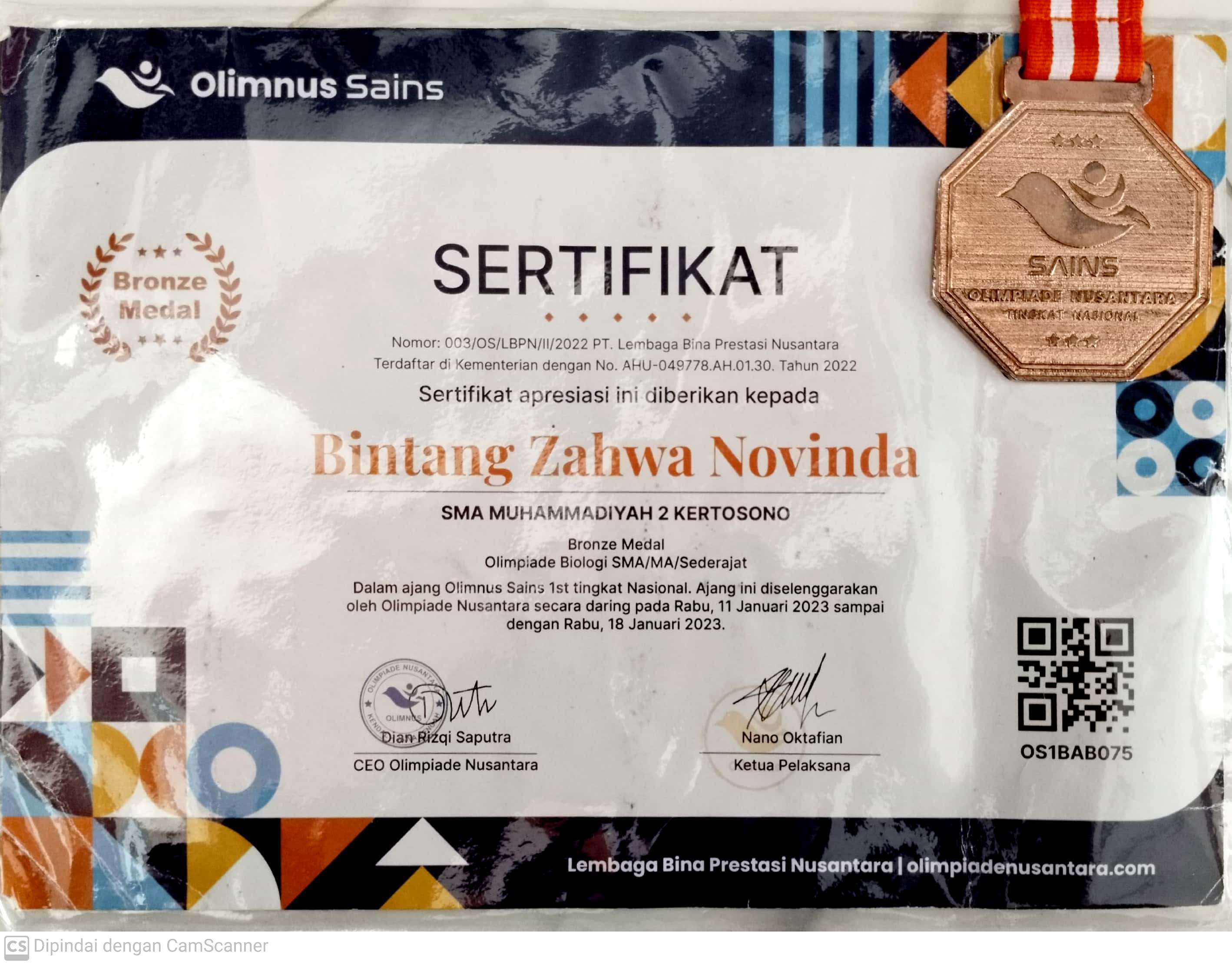 Juara 3 Lomba Olimpiade Biologi dalam Ajang Olimnus Sains 1st tingkat Nasional