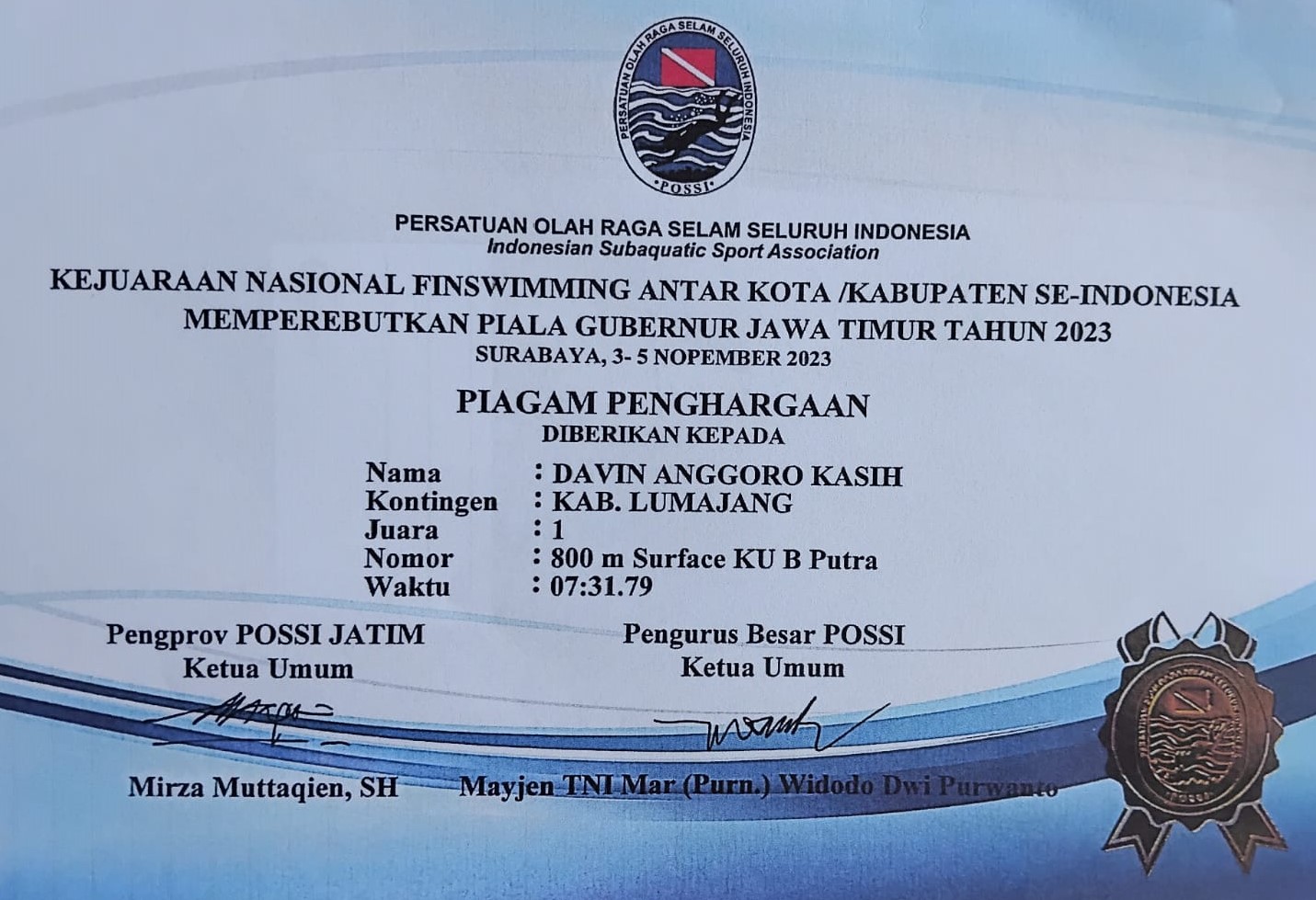 Kejuaaraan Nasional Finswimming  800 m Surface KU B Putra Antar Kota/ Kabupaten Se- Indonesia Piala Gubernur Jawa Timur