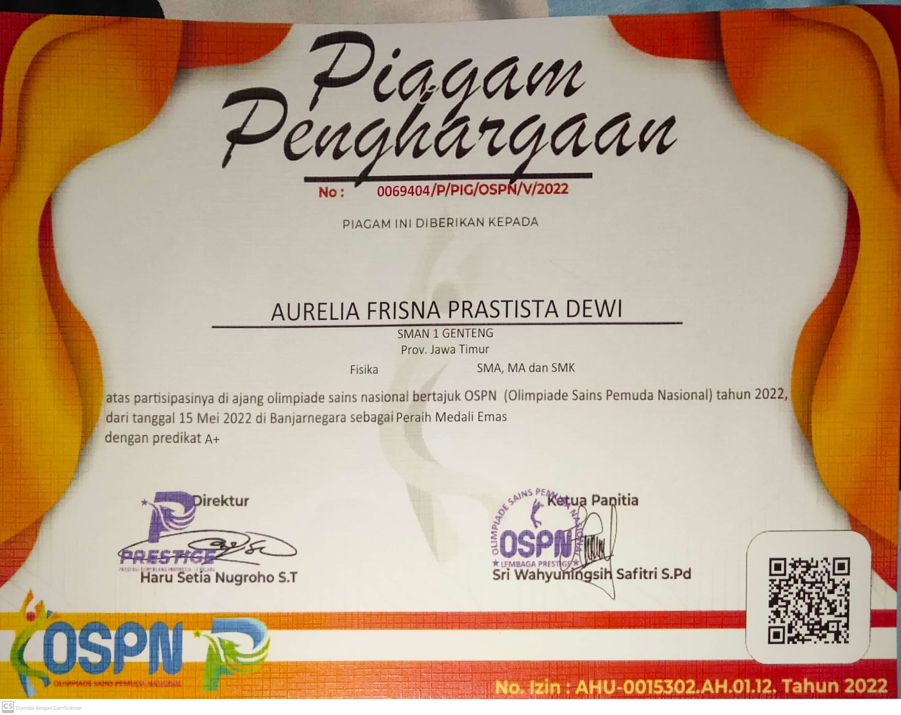 MEDALI EMAS FISIKA OLIMPIADE SAINS PEMUDA NASIONAL (OSPN)