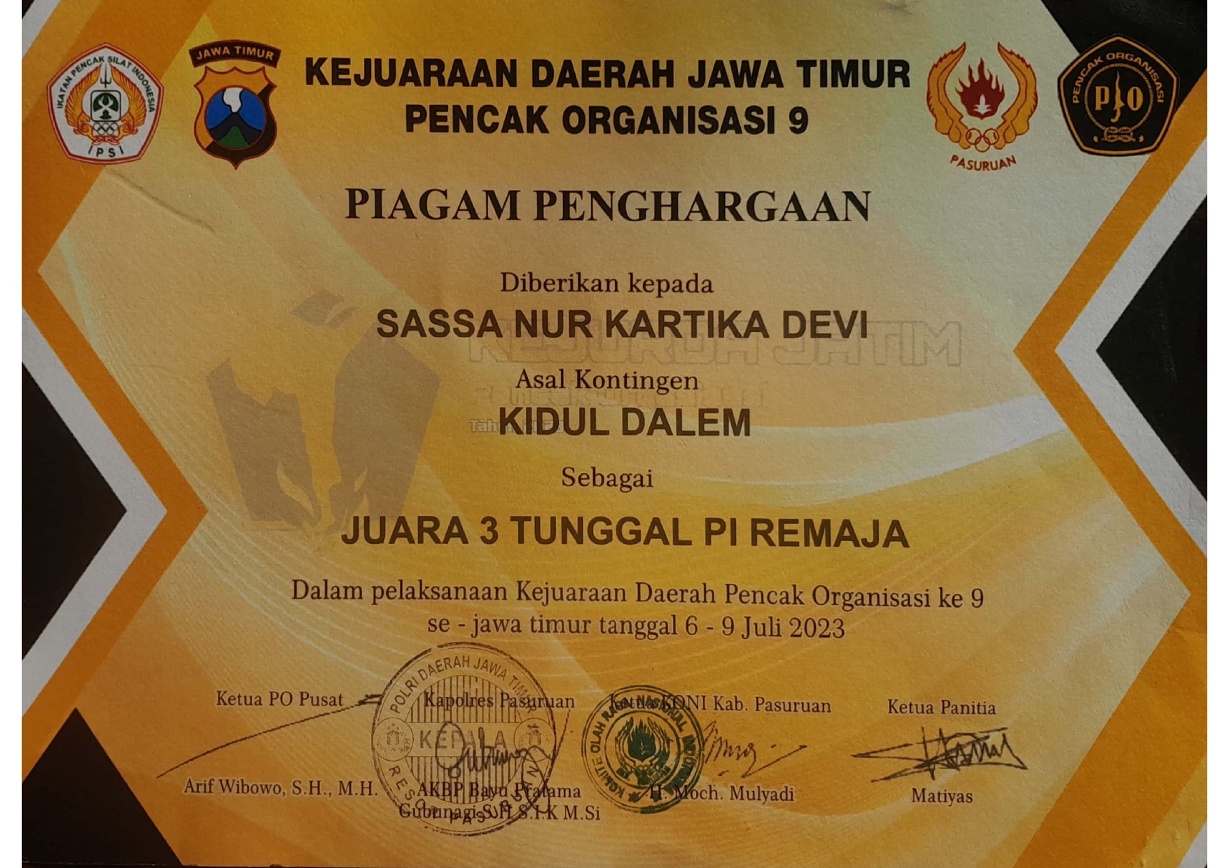 Juara 3 Tunggal PI Remaja  dalam Kejuaraan Daeah Pencak se-Jawa Timur