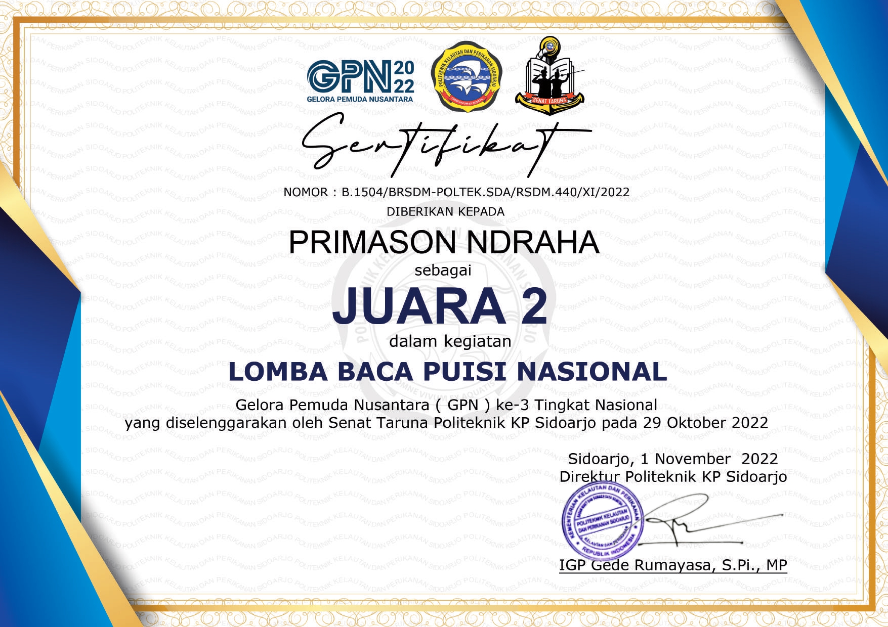 LOMBA BACA PUISI NASIONAL - GELORA PEMUDA NUSANTARA (GPN) KE-3