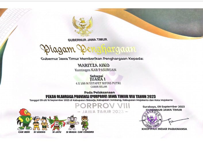 Juara 1 Pekan Olahraga Provinsi (Porprov) Jatim VIII tahun 2003 Cabor Selam Nomor 4 X 100 M Estafet Bifins Putri