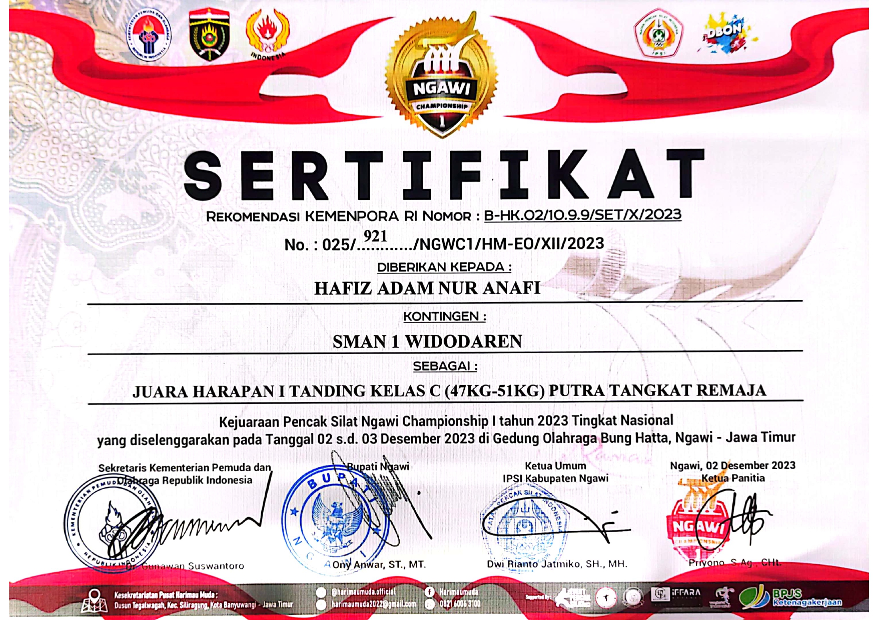 JUARA HARAPAN 1 TANDING KELAS C (47KG-51KG) PUTRA TINGKAT REMAJA KEJUARAAN PENCAK SILAT NGAWI CHAMPIONSHIP I 2023