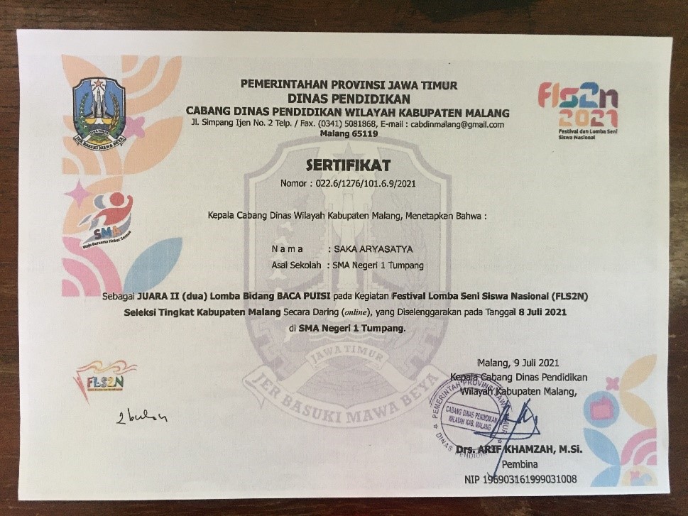 Juara 2 Lomba Bidang Baca Puisi Pada Kegiatan Festival Lomba Seni Siswa Nasional (FLS2N) Seleksi Tingkat Kabupaten Malang Secara Daring (Online) 