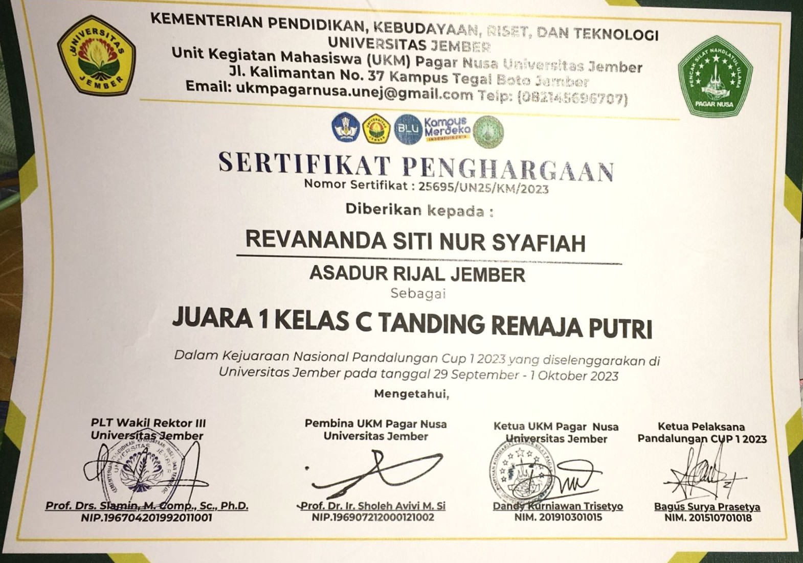 Kejuaraan Nasional Pandalungan Cup 1 2023 Kelas C Tanding Remaja Putri