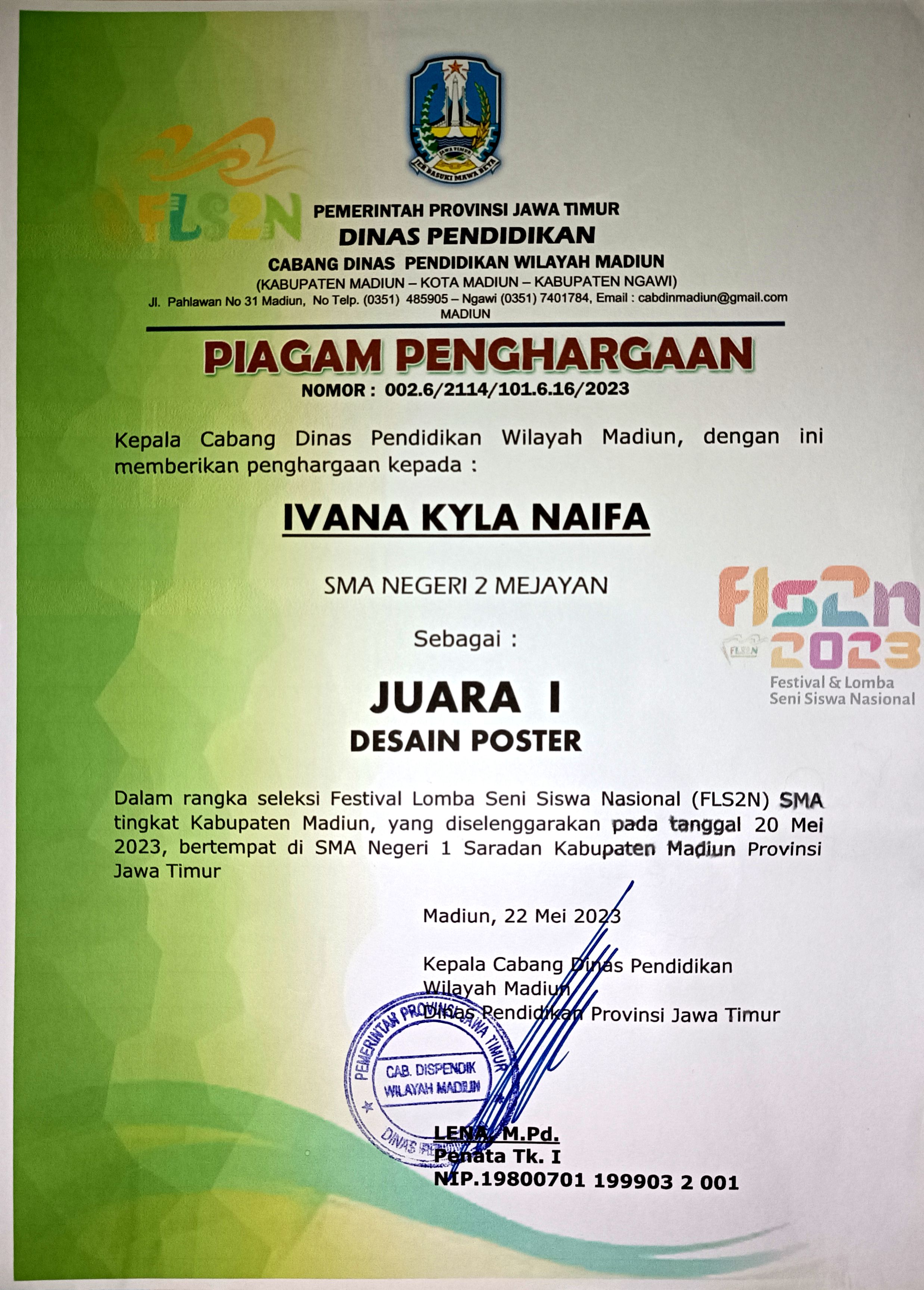 Juara 1 Desain Poster FLS2N Tingkat Kabupaten Madiun