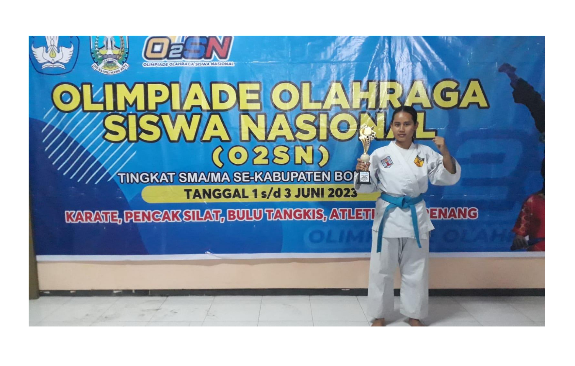 Juara 1 O2SN Cabor Karate Kumite -53kg se Kabupaten Bondowoso, 1-3 Juni 2023.