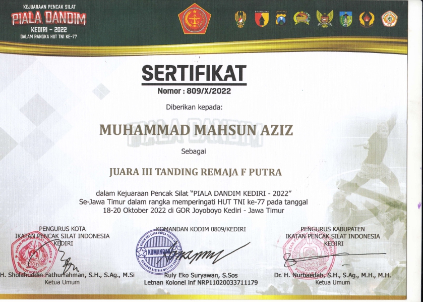 Juara 3 Tanding Remaja F Putra - Piala Dandim Kediri
