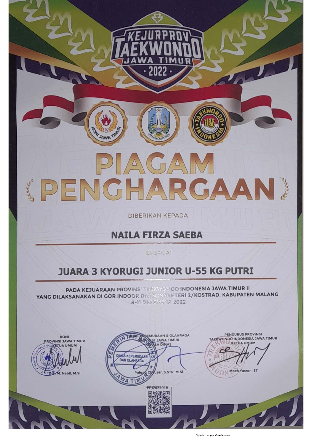Juara 3 Kyoguri Junior U-55 Kg Putri - Kejuaraan Provinsi Taekwondo Indonesia Jawa Timur II