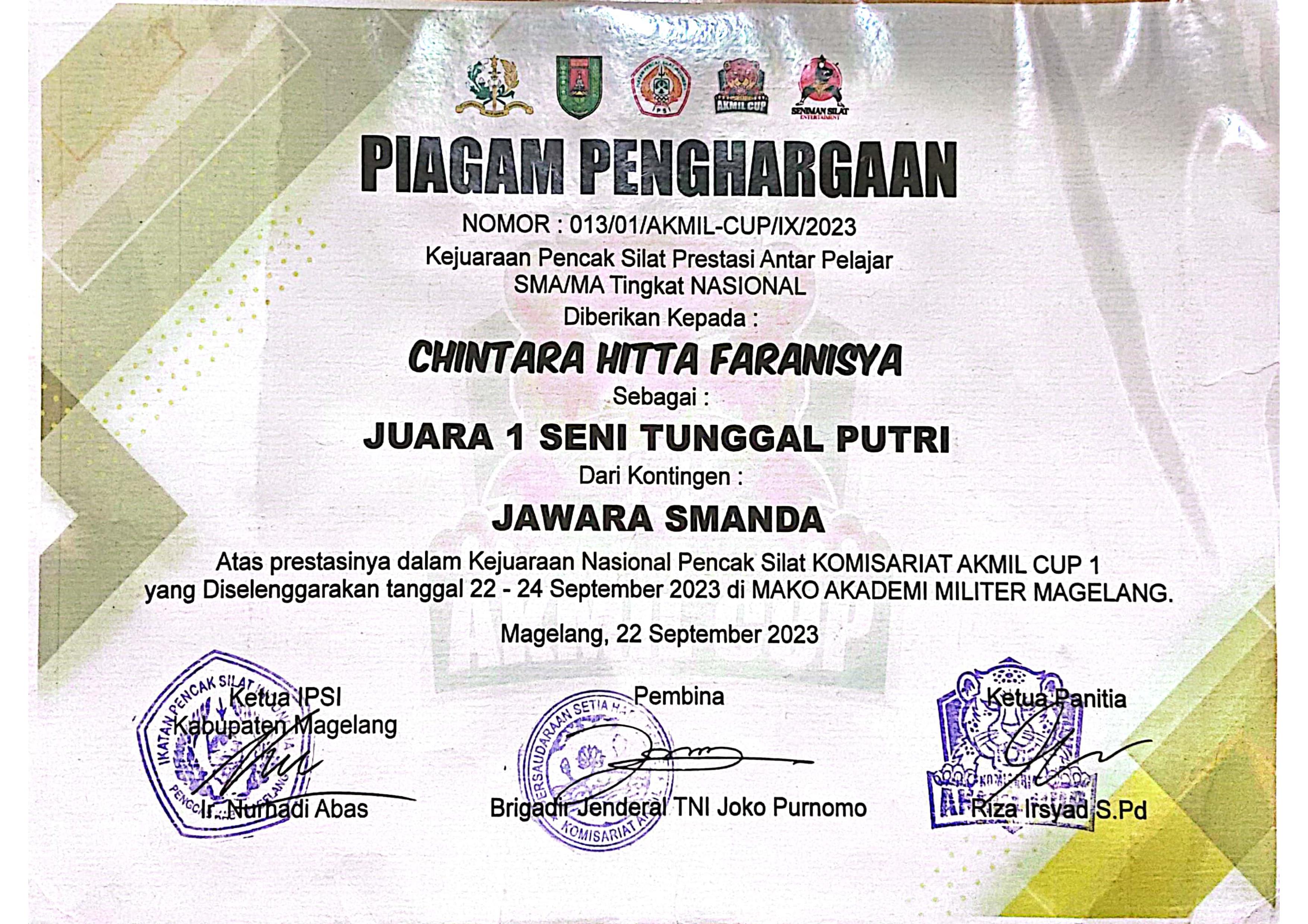 KEJUARAAN PENCAK SILAT PRESTASI ANTAR PELJAR TINGKAT NASIONAL - SENI TUNGGAL PUTRI