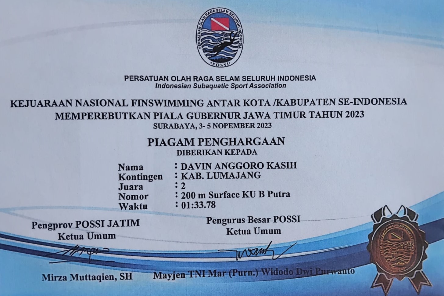 Kejuaraan Nasional Finswimming 200 m Surface KU B Putra Antar Kota/Kabupaten Se- Indonesia  Piala Gubernur Jawa Timur