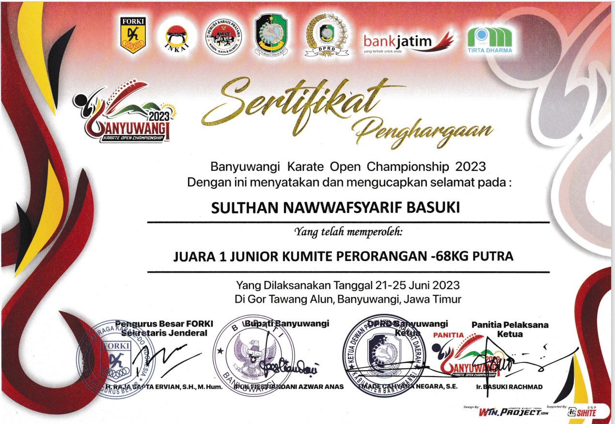 JUARA 1 JUNIOR KARATE KUMITE PERORANGAN -68KG PUTRA BANYUWANGI KARATE OPEN CHAMPIONSHIP 2023