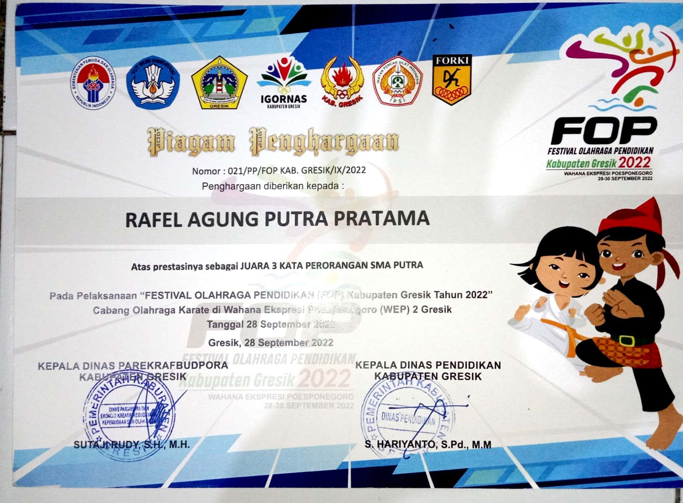 Juara 3 Karate Kata Perorangan Putra Festival Olahraga Pendidikan Kabupaten Gresik