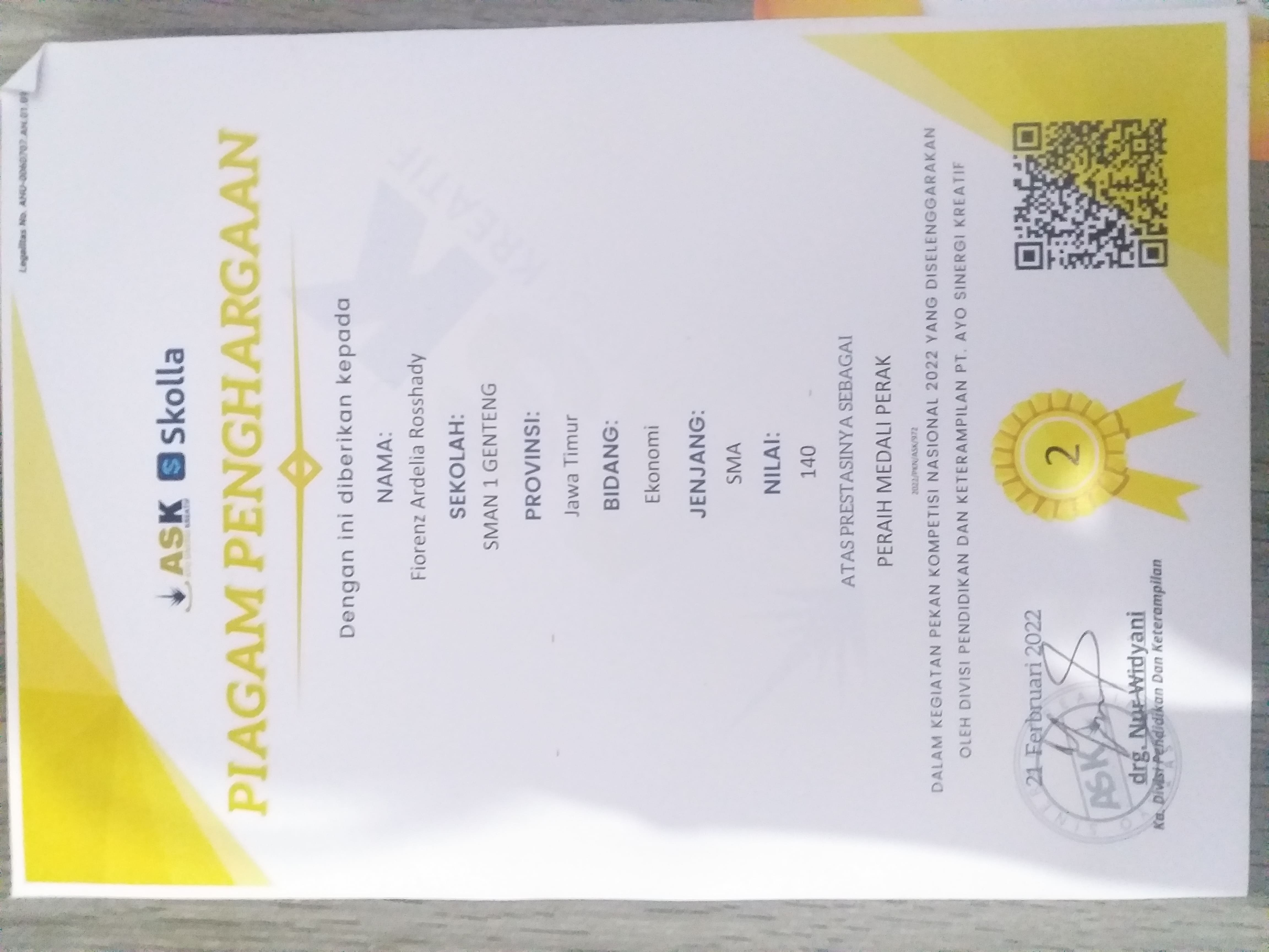 MEDALI PERAK OLIMPIADE PEKAN KOMPETISI NASIONAL 2022 BIDANG EKONOMI