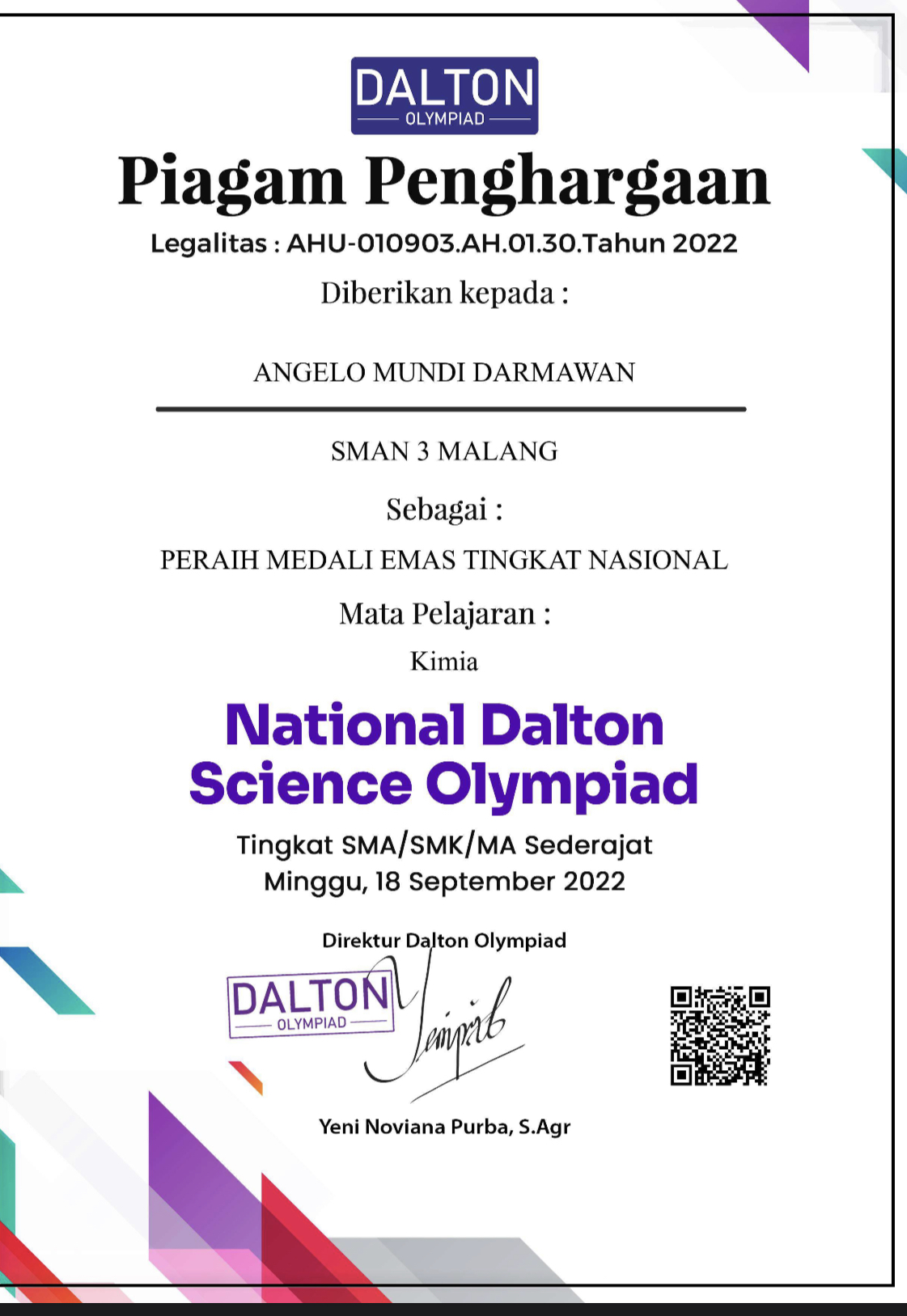 Peraih Medali Emas dalam Bidang Kimia National Dalton Science Olympiad (NDSO)