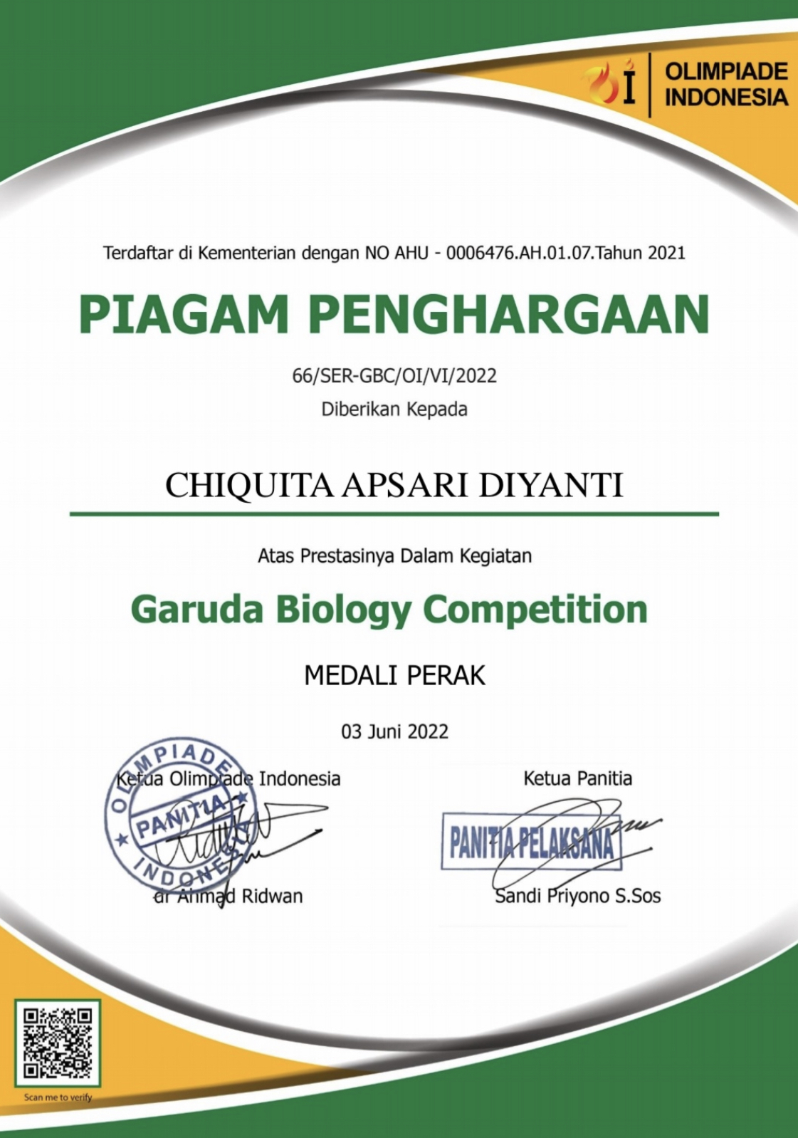 Medali Perak Garuda Biology Competition