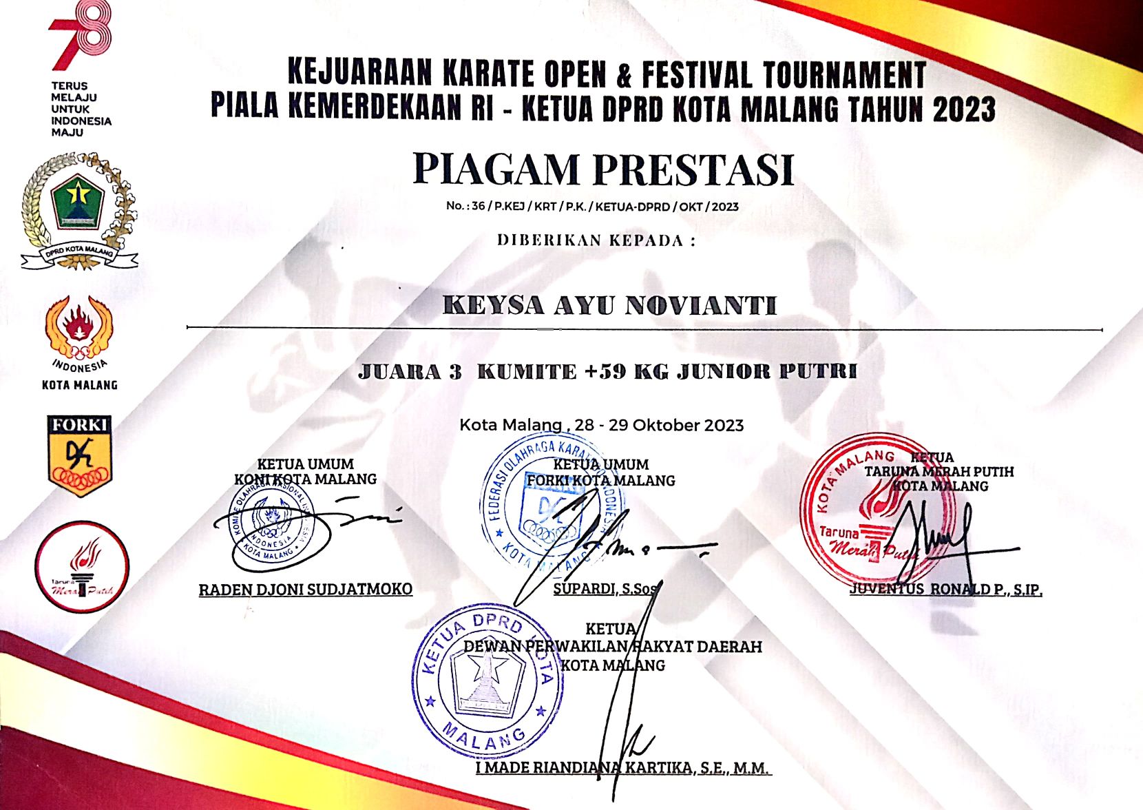 Piala Kemerdekaan RI, KUMITE -59 Kg Junior Putri