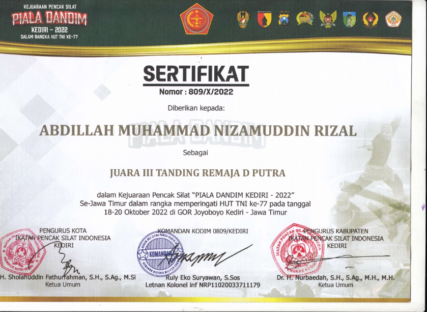 Juara 3 Tanding Remaja D Putra - Piala Dandim Kediri
